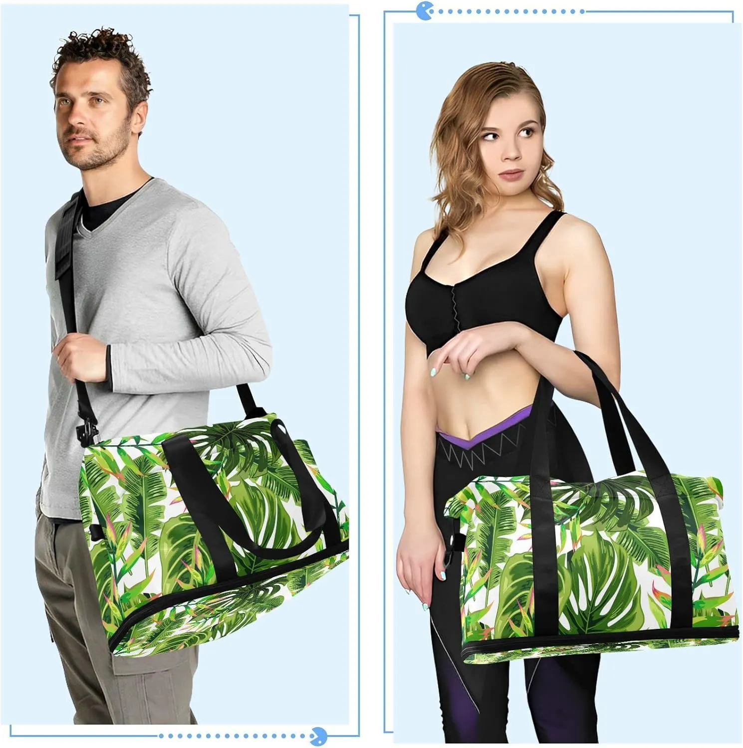 Seamless Tropical Green Palm Trees on White Gym Duffel Bag, Polyester Travel Weekender Luggage Handbag with Waterproof Pocket for Wet Items, Unisex Foldable Tote for Sports