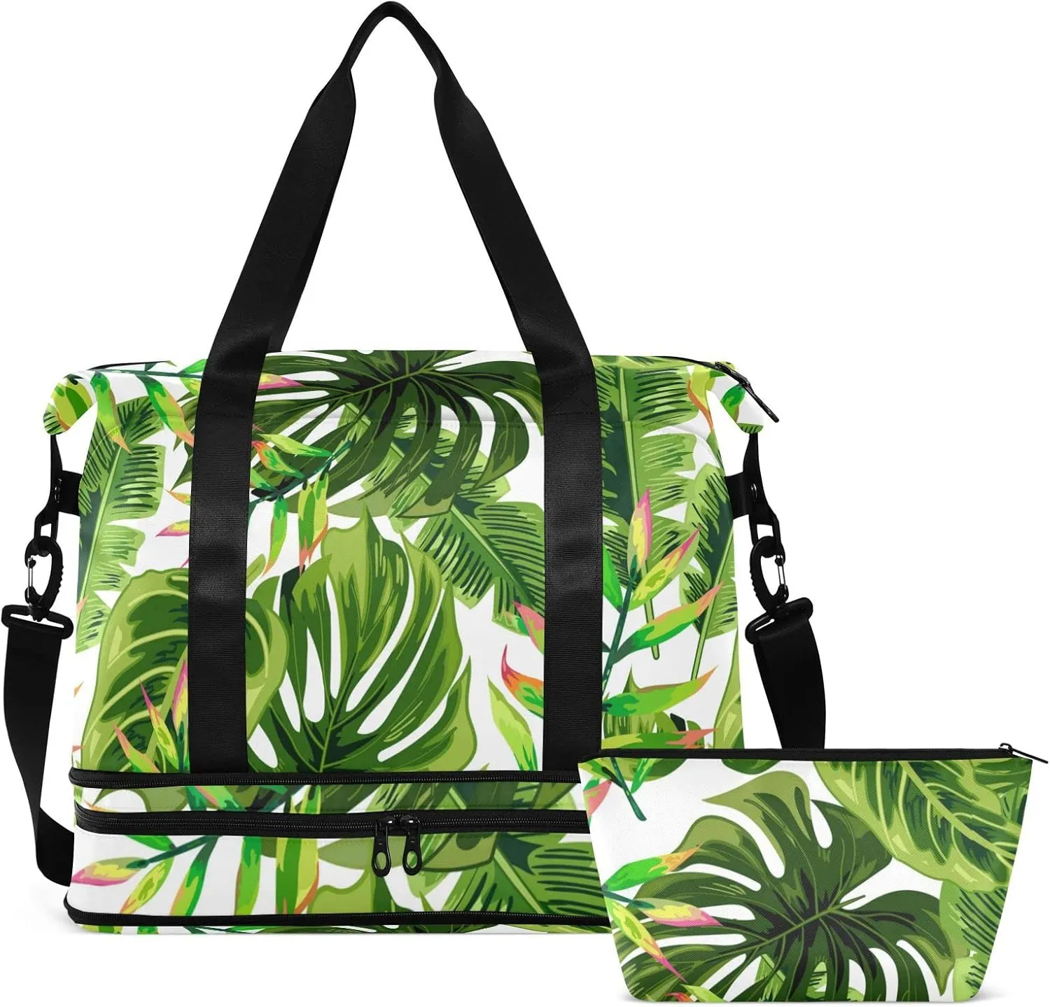 Seamless Tropical Green Palm Trees on White Gym Duffel Bag, Polyester Travel Weekender Luggage Handbag with Waterproof Pocket for Wet Items, Unisex Foldable Tote for Sports