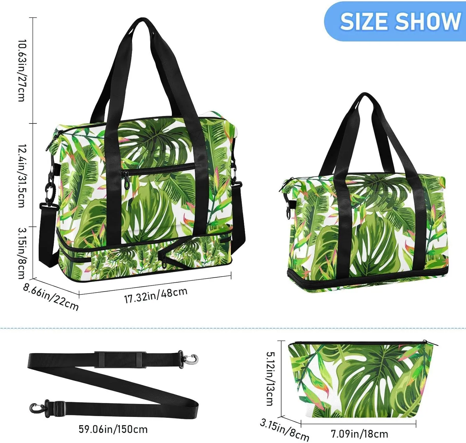 Seamless Tropical Green Palm Trees on White Gym Duffel Bag, Polyester Travel Weekender Luggage Handbag with Waterproof Pocket for Wet Items, Unisex Foldable Tote for Sports
