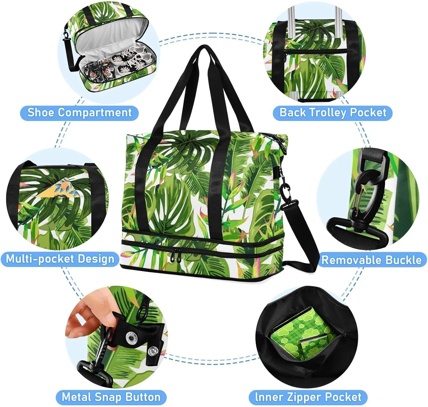 Seamless Tropical Green Palm Trees on White Gym Duffel Bag, Polyester Travel Weekender Luggage Handbag with Waterproof Pocket for Wet Items, Unisex Foldable Tote for Sports