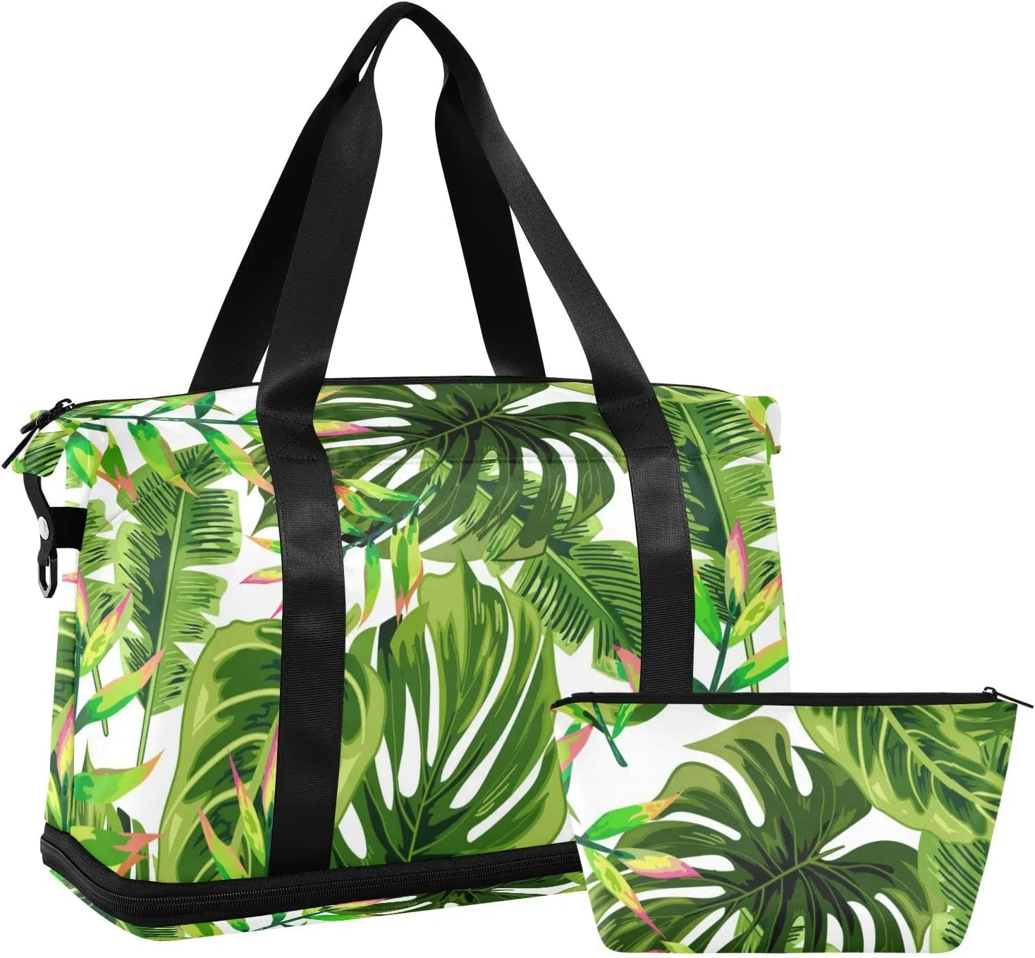Seamless Tropical Green Palm Trees on White Gym Duffel Bag, Polyester Travel Weekender Luggage Handbag with Waterproof Pocket for Wet Items, Unisex Foldable Tote for Sports