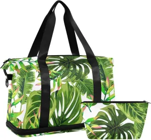 Seamless Tropical Green Palm Trees on White Gym Duffel Bag, Polyester Travel Weekender Luggage Handbag with Waterproof Pocket for Wet Items, Unisex Foldable Tote for Sports