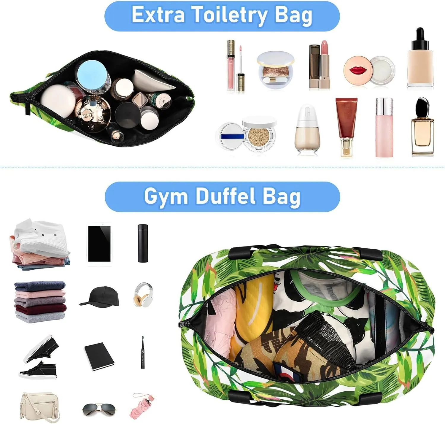 Seamless Tropical Green Palm Trees on White Gym Duffel Bag, Polyester Travel Weekender Luggage Handbag with Waterproof Pocket for Wet Items, Unisex Foldable Tote for Sports