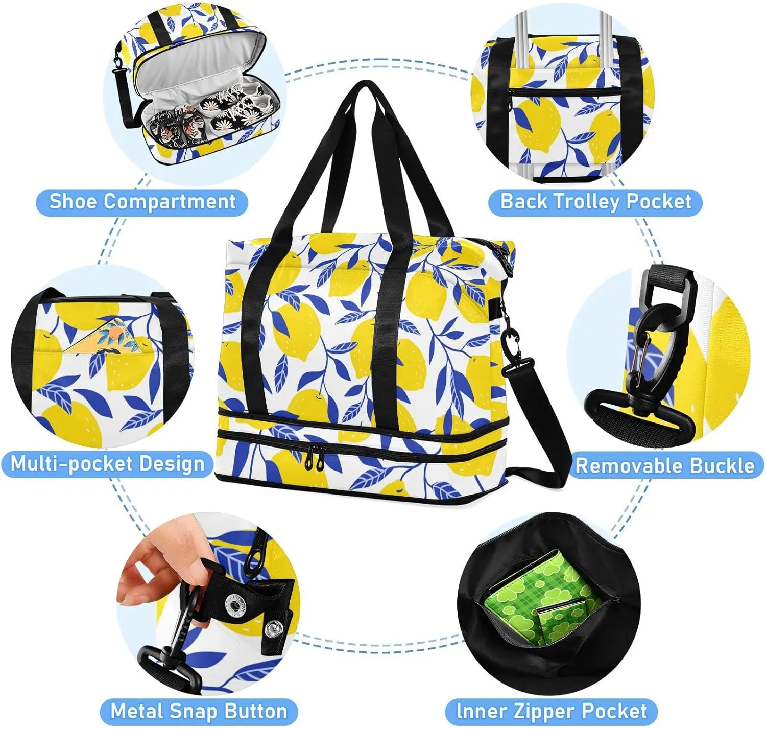 Seamless Tropical Yellow Lemons Blue Leaves on White Gym Duffel Bag, Polyester Travel Weekender Luggage Handbag with Waterproof Pocket for Wet Items, Unisex Foldable Tote for Sports