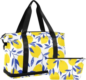 Seamless Tropical Yellow Lemons Blue Leaves on White Gym Duffel Bag, Polyester Travel Weekender Luggage Handbag with Waterproof Pocket for Wet Items, Unisex Foldable Tote for Sports