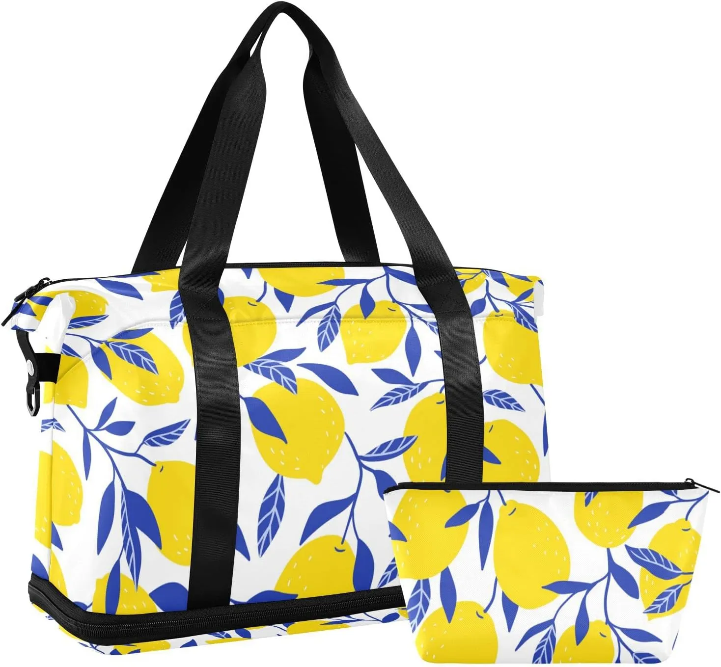 Seamless Tropical Yellow Lemons Blue Leaves on White Gym Duffel Bag, Polyester Travel Weekender Luggage Handbag with Waterproof Pocket for Wet Items, Unisex Foldable Tote for Sports