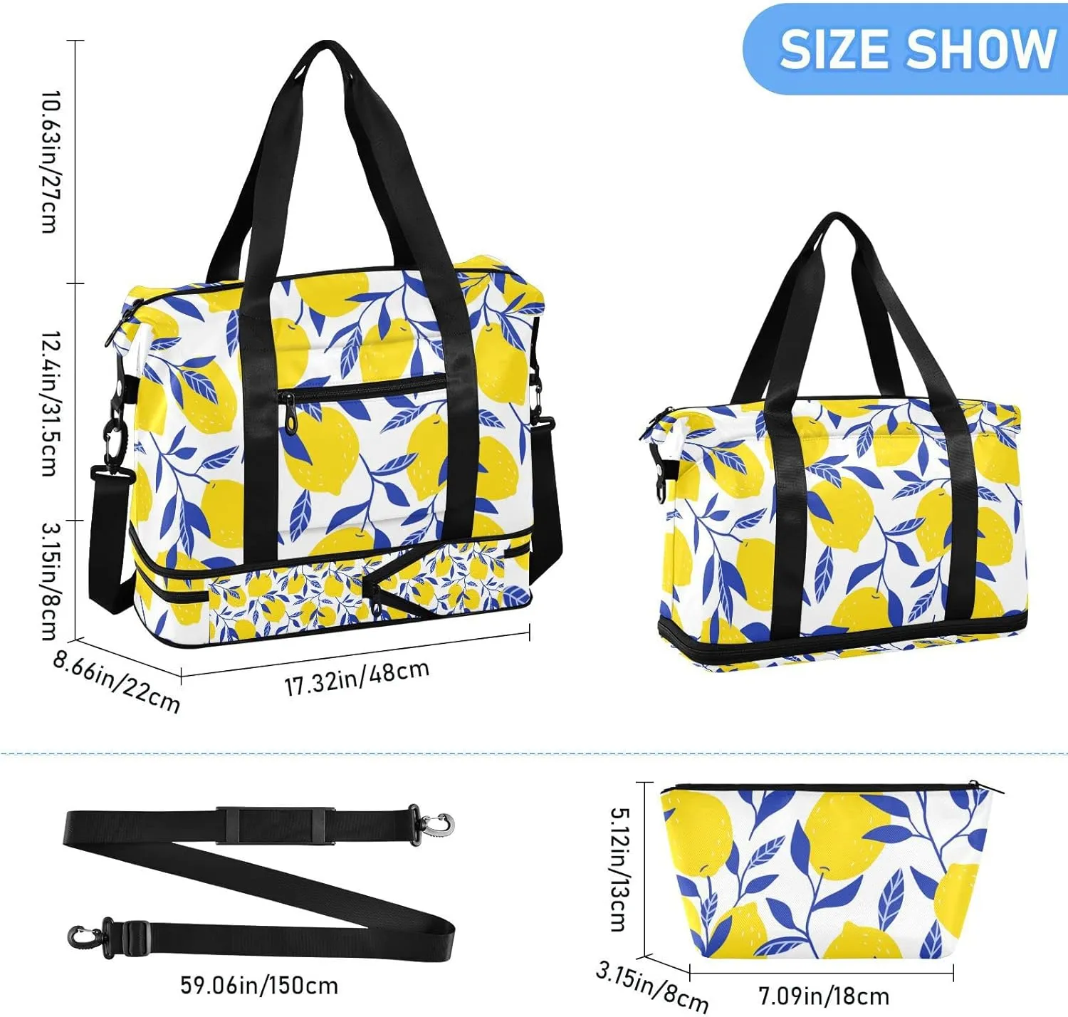 Seamless Tropical Yellow Lemons Blue Leaves on White Gym Duffel Bag, Polyester Travel Weekender Luggage Handbag with Waterproof Pocket for Wet Items, Unisex Foldable Tote for Sports