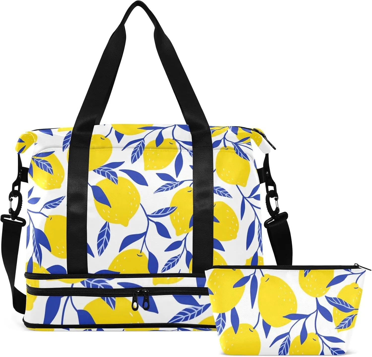 Seamless Tropical Yellow Lemons Blue Leaves on White Gym Duffel Bag, Polyester Travel Weekender Luggage Handbag with Waterproof Pocket for Wet Items, Unisex Foldable Tote for Sports