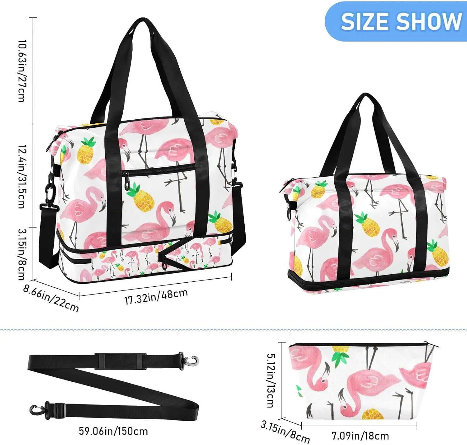 Seamless Watercolor Tropical Pink Flamingo Yellow Pineapple Gym Duffel Bag, Polyester Travel Weekender Luggage Handbag with Waterproof Pocket for Wet Items, Unisex Foldable Tote for Sports