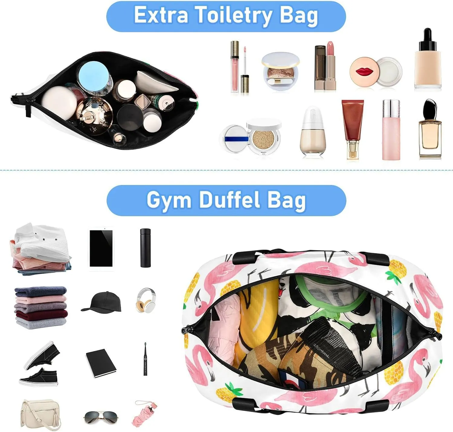Seamless Watercolor Tropical Pink Flamingo Yellow Pineapple Gym Duffel Bag, Polyester Travel Weekender Luggage Handbag with Waterproof Pocket for Wet Items, Unisex Foldable Tote for Sports