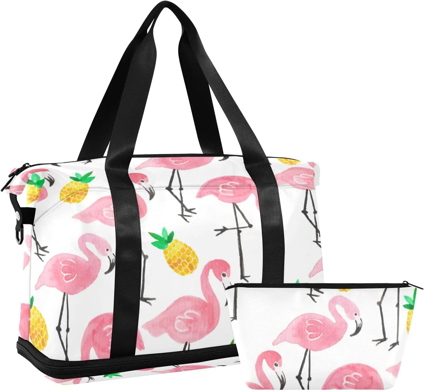 Seamless Watercolor Tropical Pink Flamingo Yellow Pineapple Gym Duffel Bag, Polyester Travel Weekender Luggage Handbag with Waterproof Pocket for Wet Items, Unisex Foldable Tote for Sports