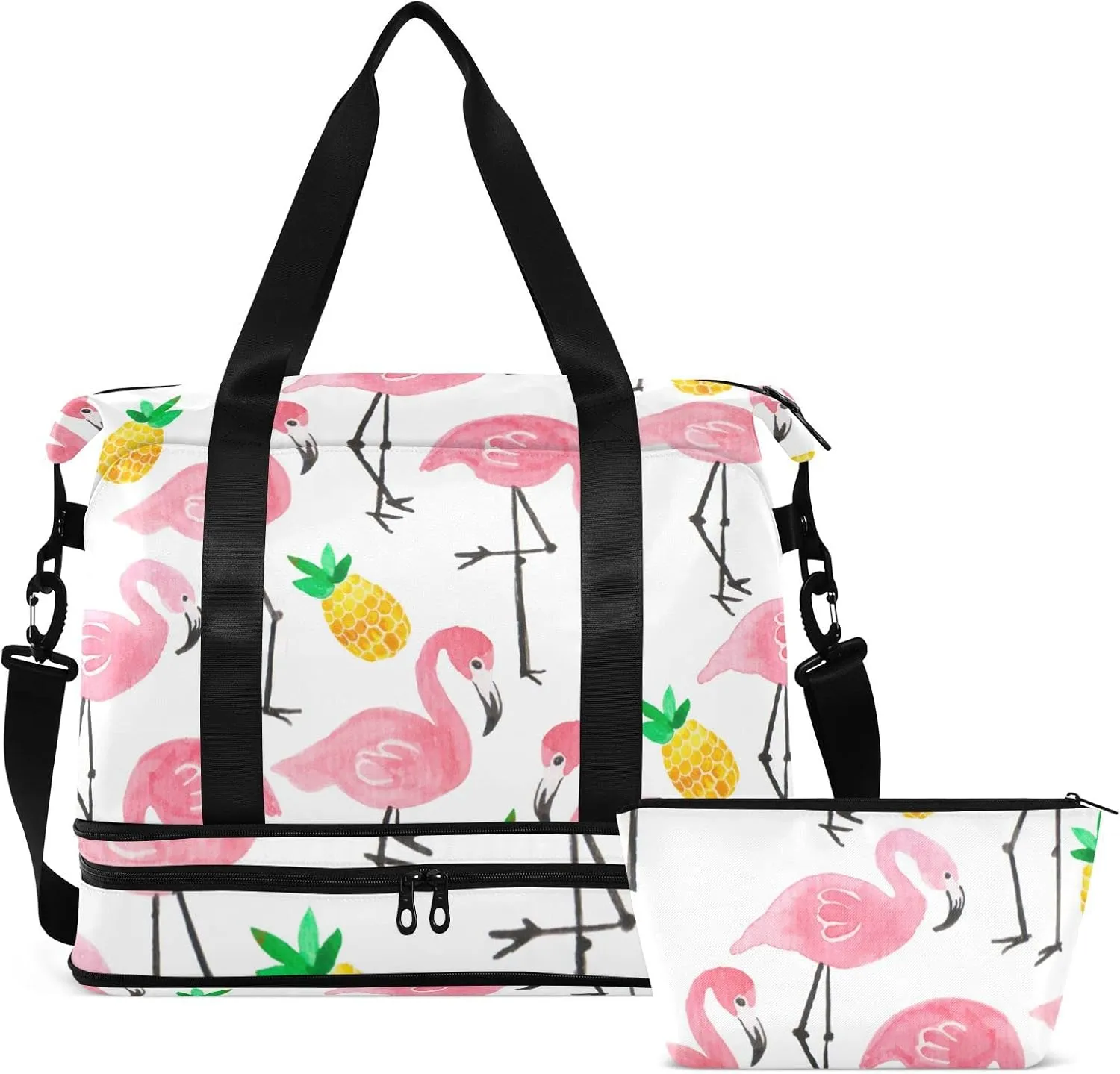 Seamless Watercolor Tropical Pink Flamingo Yellow Pineapple Gym Duffel Bag, Polyester Travel Weekender Luggage Handbag with Waterproof Pocket for Wet Items, Unisex Foldable Tote for Sports