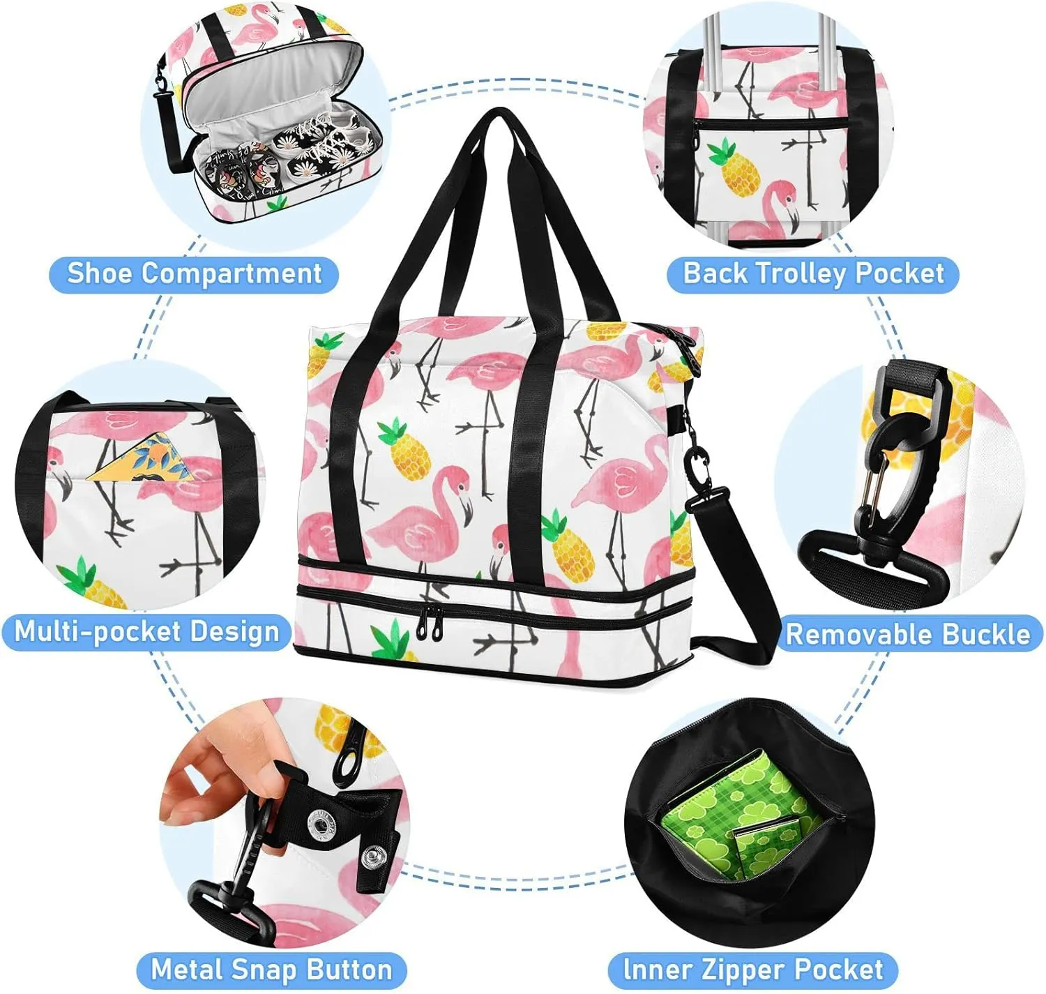 Seamless Watercolor Tropical Pink Flamingo Yellow Pineapple Gym Duffel Bag, Polyester Travel Weekender Luggage Handbag with Waterproof Pocket for Wet Items, Unisex Foldable Tote for Sports