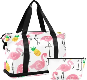 Seamless Watercolor Tropical Pink Flamingo Yellow Pineapple Gym Duffel Bag, Polyester Travel Weekender Luggage Handbag with Waterproof Pocket for Wet Items, Unisex Foldable Tote for Sports