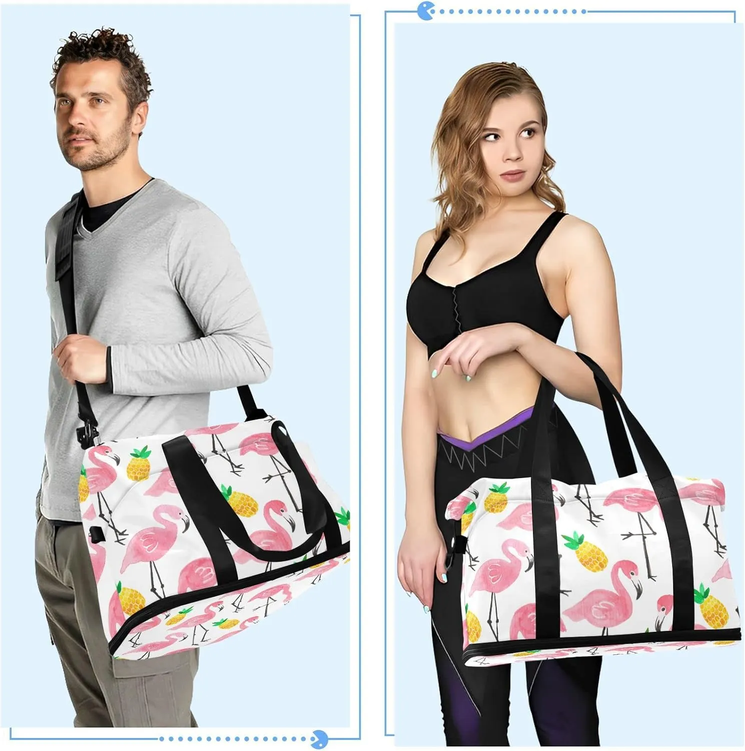 Seamless Watercolor Tropical Pink Flamingo Yellow Pineapple Gym Duffel Bag, Polyester Travel Weekender Luggage Handbag with Waterproof Pocket for Wet Items, Unisex Foldable Tote for Sports