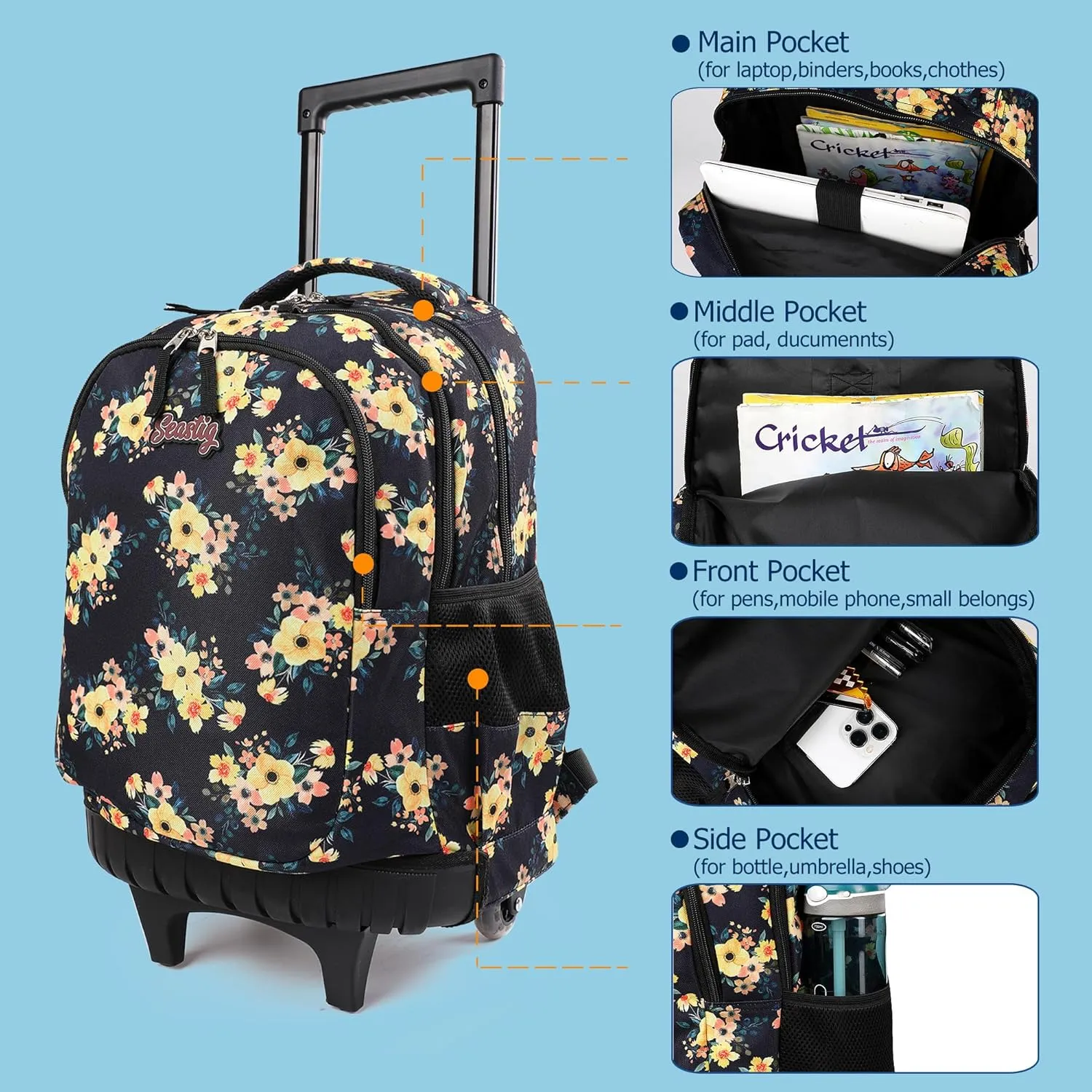 seastig Rolling Backpack 18in Double Handle Backpack Kids Wheeled Backpack Roller Backpack with Lunch Bag Set Girls Boys