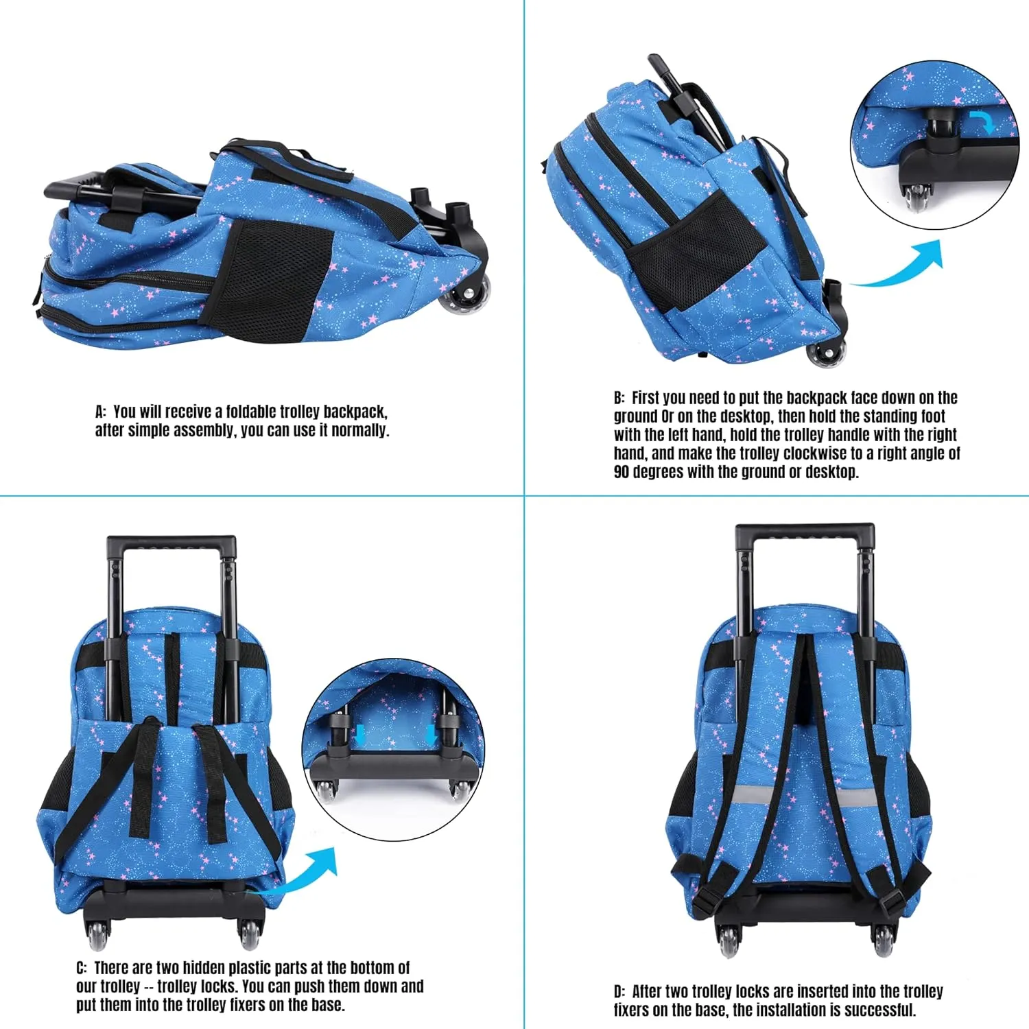 seastig Rolling Backpack 18in Double Handle Backpack Kids Wheeled Backpack Roller Backpack with Lunch Bag Set Girls Boys