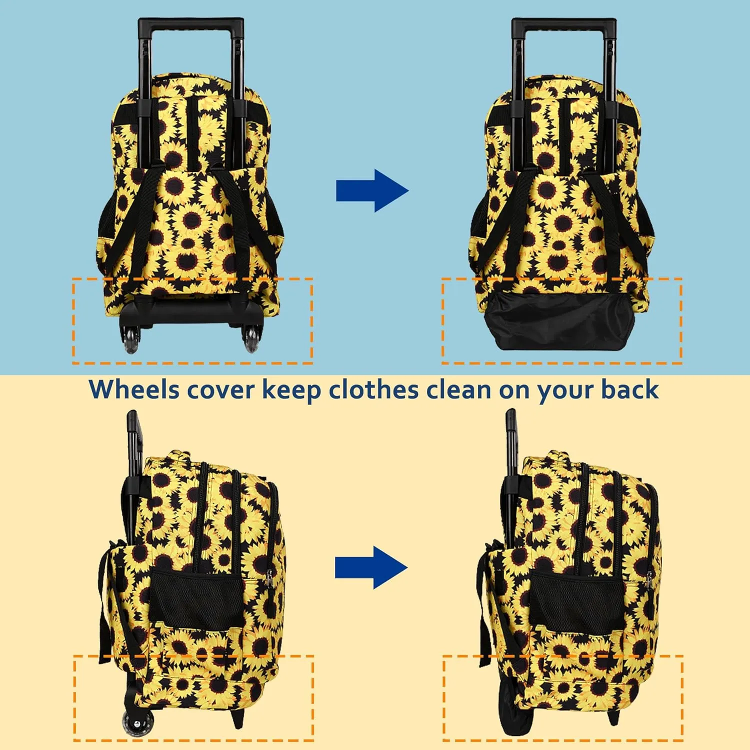 seastig Rolling Backpack 18in Double Handle Backpack Kids Wheeled Backpack Roller Backpack with Lunch Bag Set Girls Boys