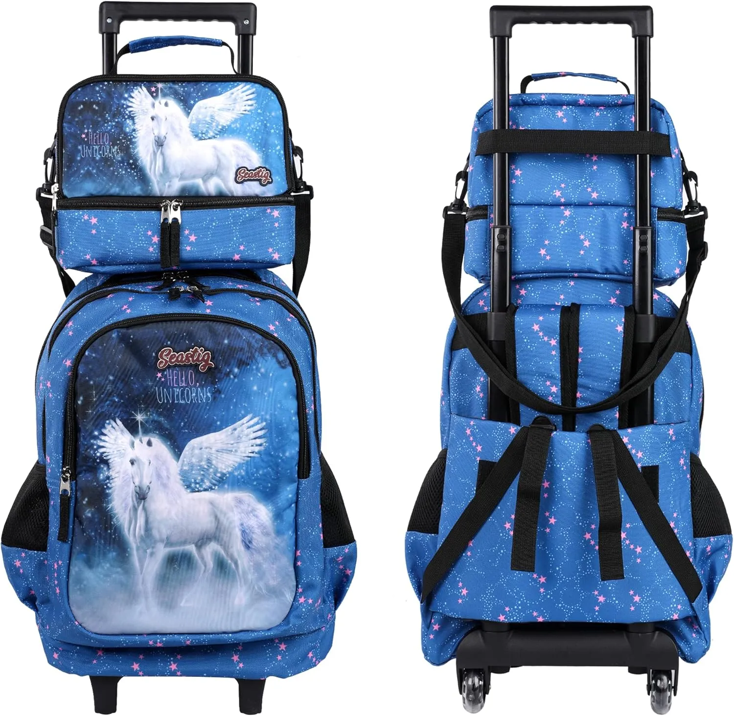 seastig Rolling Backpack 18in Double Handle Backpack Kids Wheeled Backpack Roller Backpack with Lunch Bag Set Girls Boys