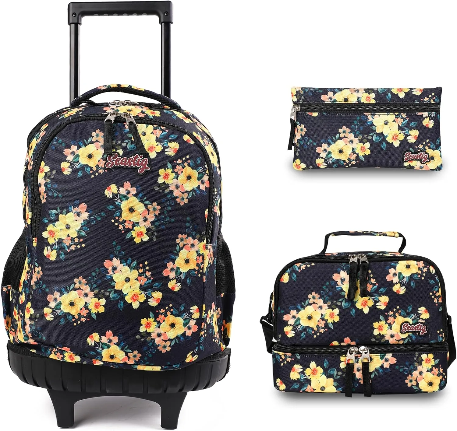 seastig Rolling Backpack 18in Double Handle Backpack Kids Wheeled Backpack Roller Backpack with Lunch Bag Set Girls Boys