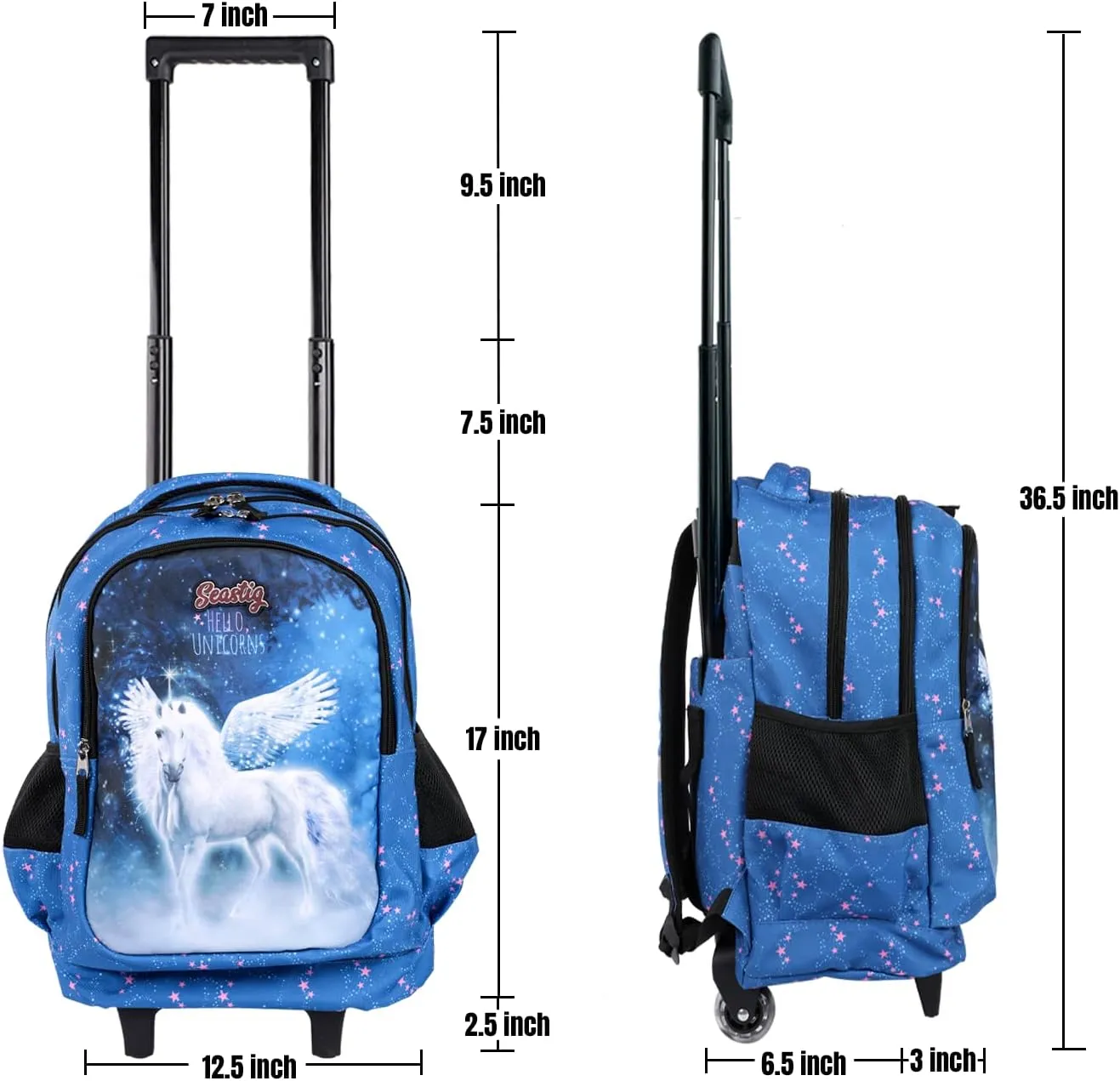 seastig Rolling Backpack 18in Double Handle Backpack Kids Wheeled Backpack Roller Backpack with Lunch Bag Set Girls Boys