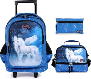 seastig Rolling Backpack 18in Double Handle Backpack Kids Wheeled Backpack Roller Backpack with Lunch Bag Set Girls Boys