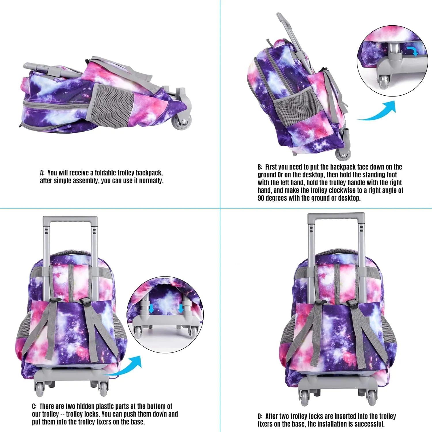 seastig Rolling Backpack 18in Double Handle Backpack Kids Wheeled Backpack Roller Backpack with Lunch Bag Set Girls Boys