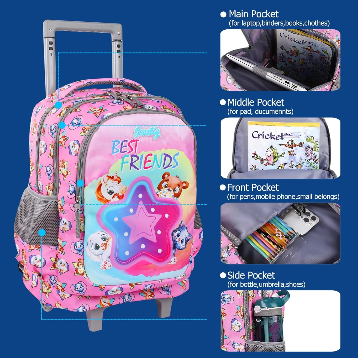 seastig Rolling Backpack 18in Double Handle Backpack Kids Wheeled Backpack Roller Backpack with Lunch Bag Set Girls Boys