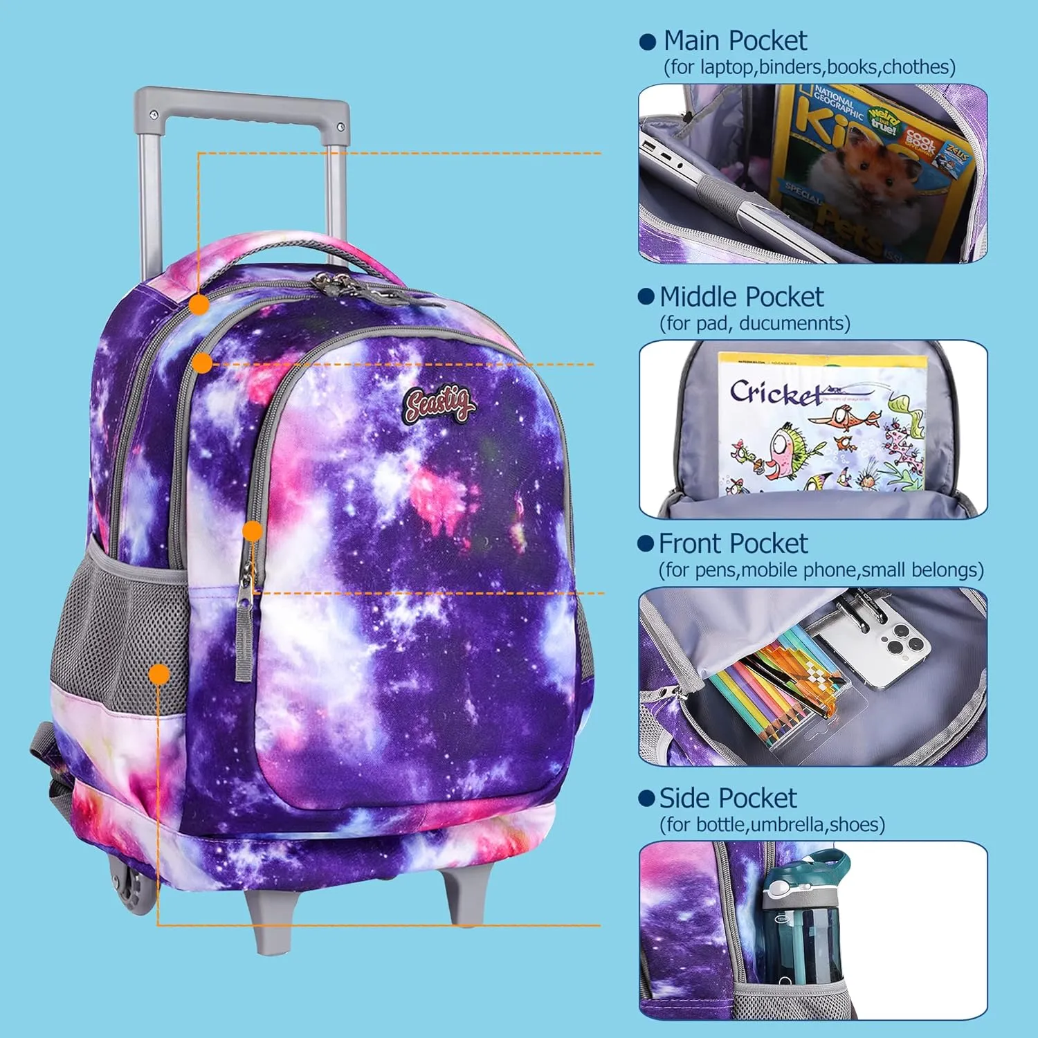 seastig Rolling Backpack 18in Double Handle Backpack Kids Wheeled Backpack Roller Backpack with Lunch Bag Set Girls Boys