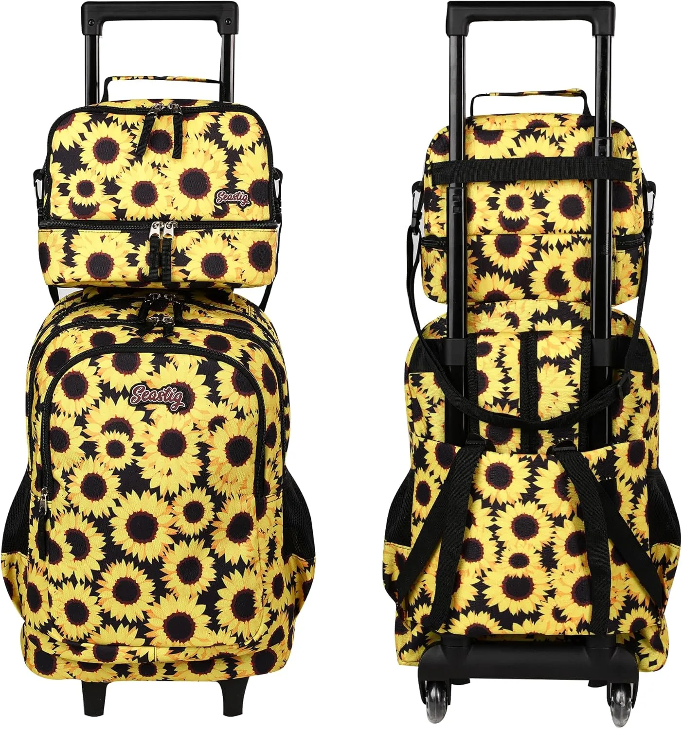 seastig Rolling Backpack 18in Double Handle Backpack Kids Wheeled Backpack Roller Backpack with Lunch Bag Set Girls Boys