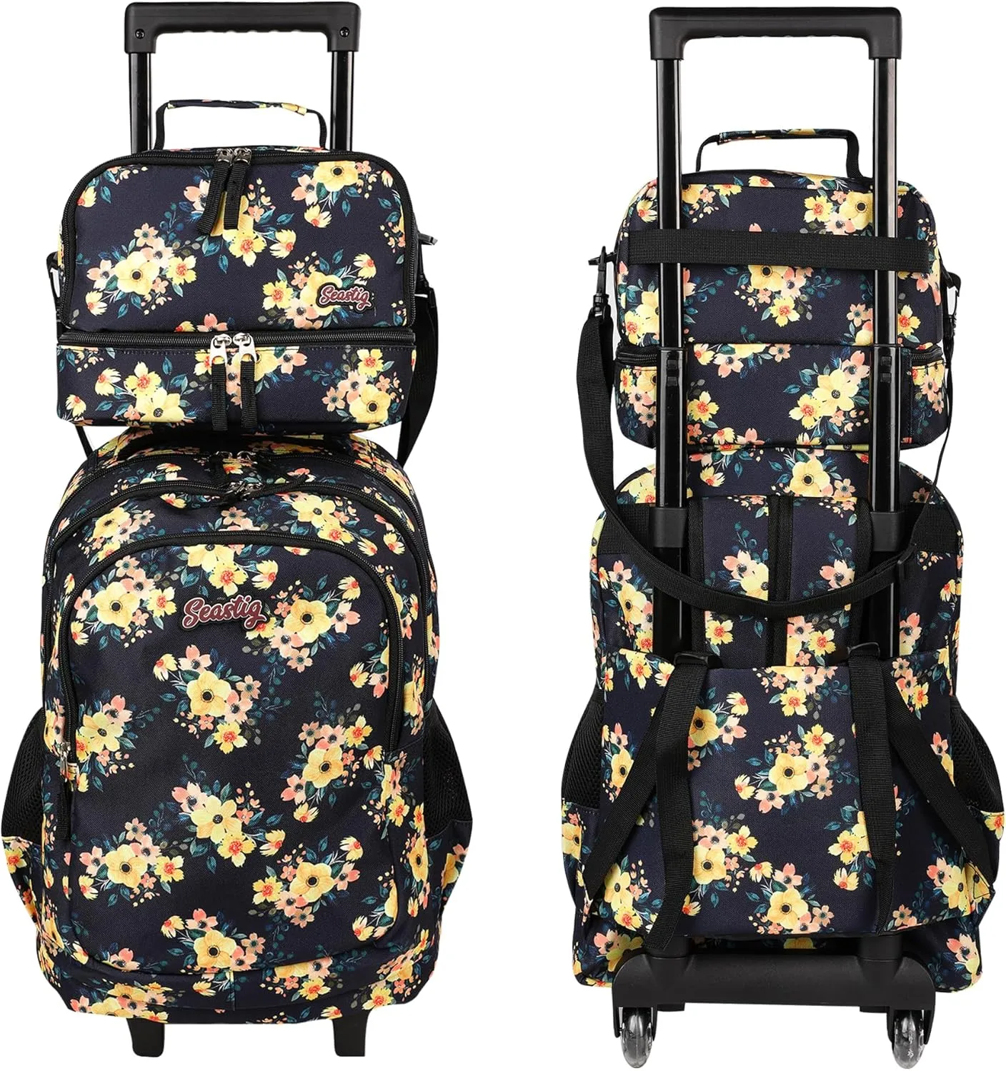 seastig Rolling Backpack 18in Double Handle Backpack Kids Wheeled Backpack Roller Backpack with Lunch Bag Set Girls Boys