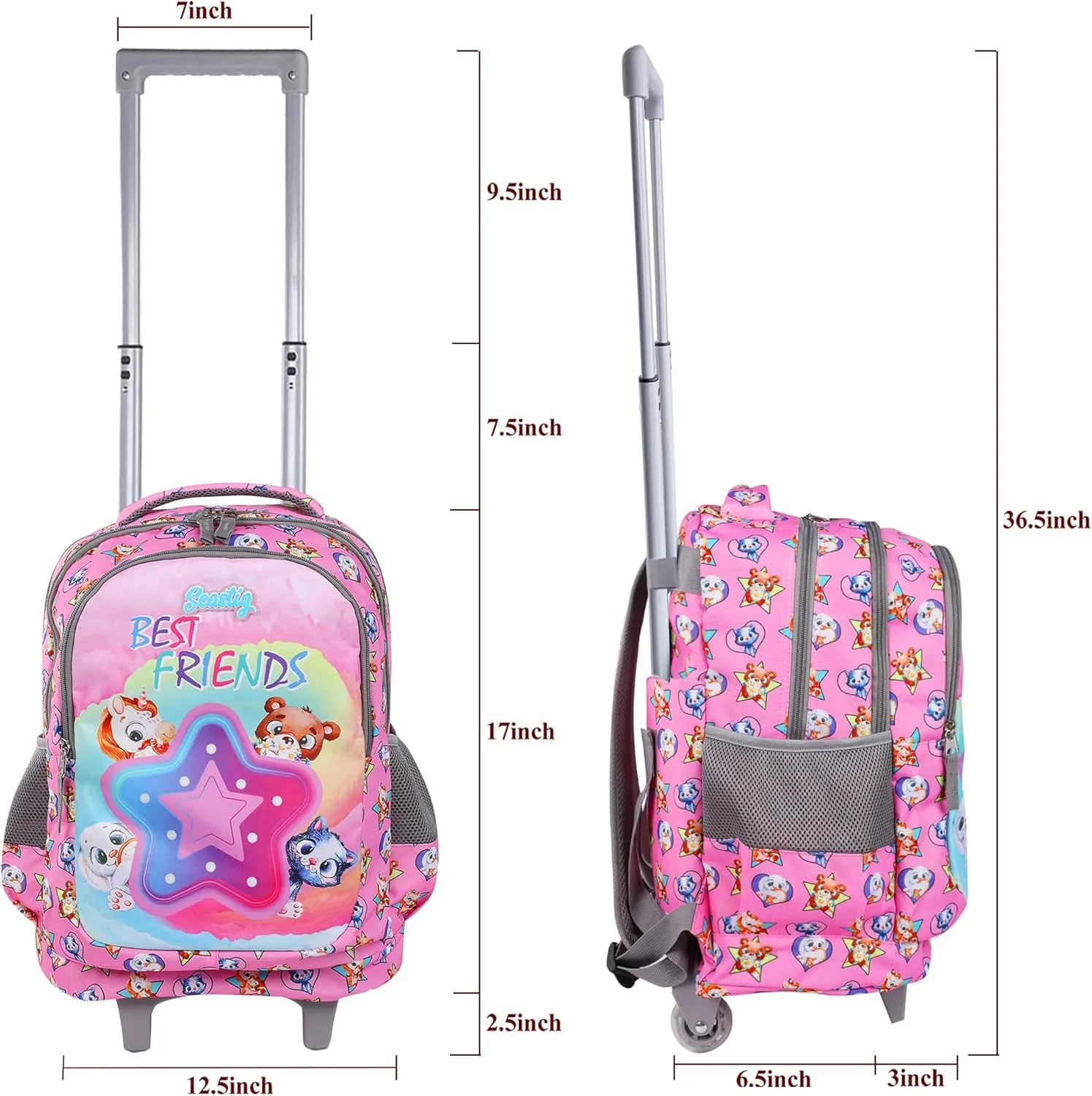 seastig Rolling Backpack 18in Double Handle Backpack Kids Wheeled Backpack Roller Backpack with Lunch Bag Set Girls Boys