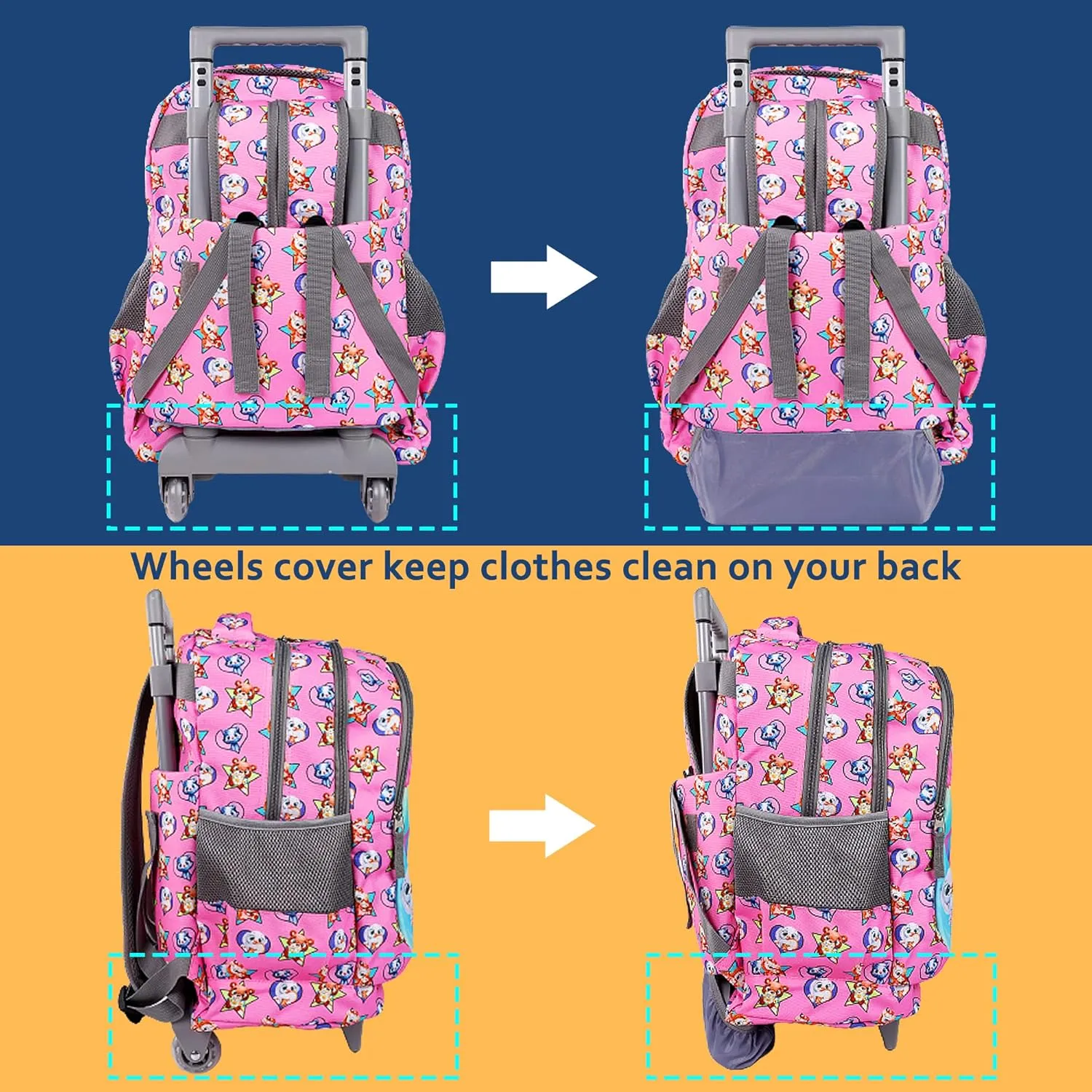 seastig Rolling Backpack 18in Double Handle Backpack Kids Wheeled Backpack Roller Backpack with Lunch Bag Set Girls Boys