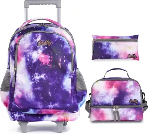seastig Rolling Backpack 18in Double Handle Backpack Kids Wheeled Backpack Roller Backpack with Lunch Bag Set Girls Boys