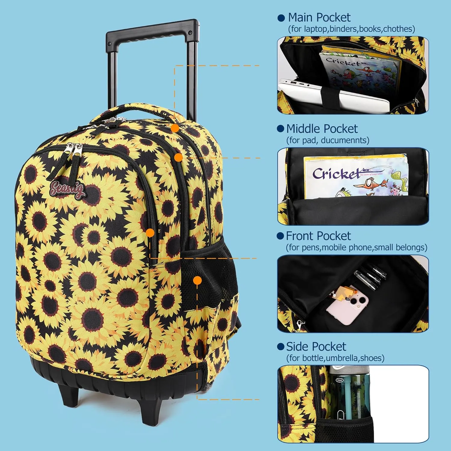 seastig Rolling Backpack 18in Double Handle Backpack Kids Wheeled Backpack Roller Backpack with Lunch Bag Set Girls Boys