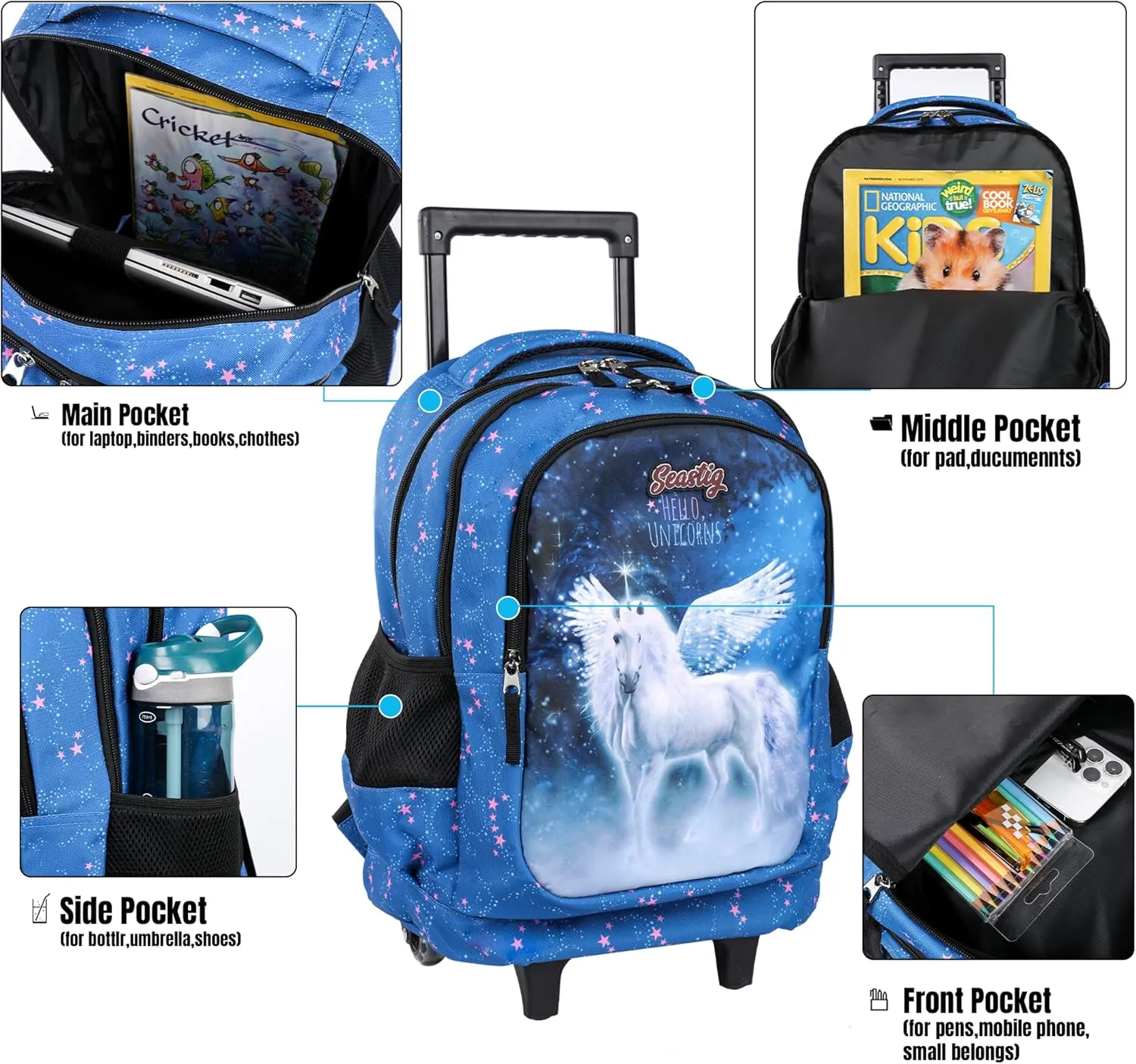 seastig Rolling Backpack 18in Double Handle Backpack Kids Wheeled Backpack Roller Backpack with Lunch Bag Set Girls Boys