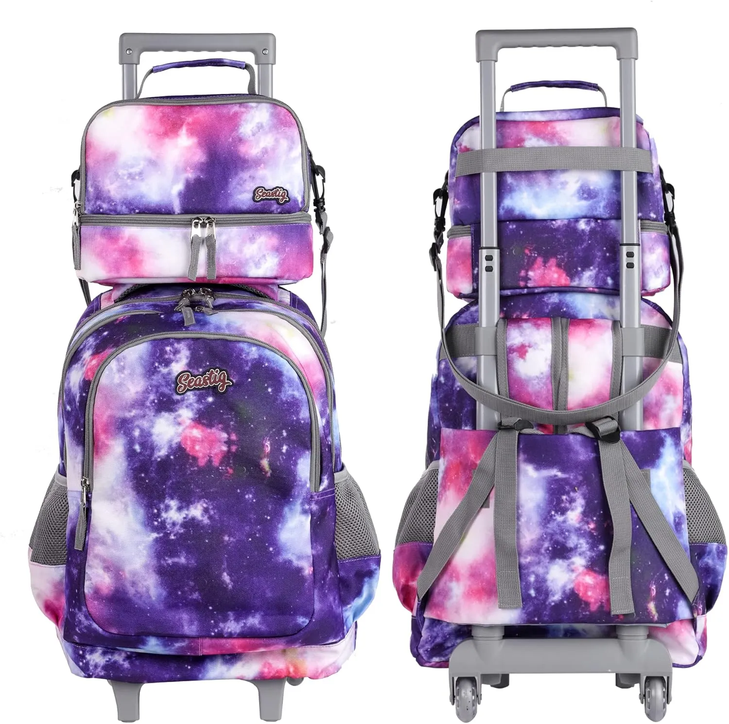 seastig Rolling Backpack 18in Double Handle Backpack Kids Wheeled Backpack Roller Backpack with Lunch Bag Set Girls Boys