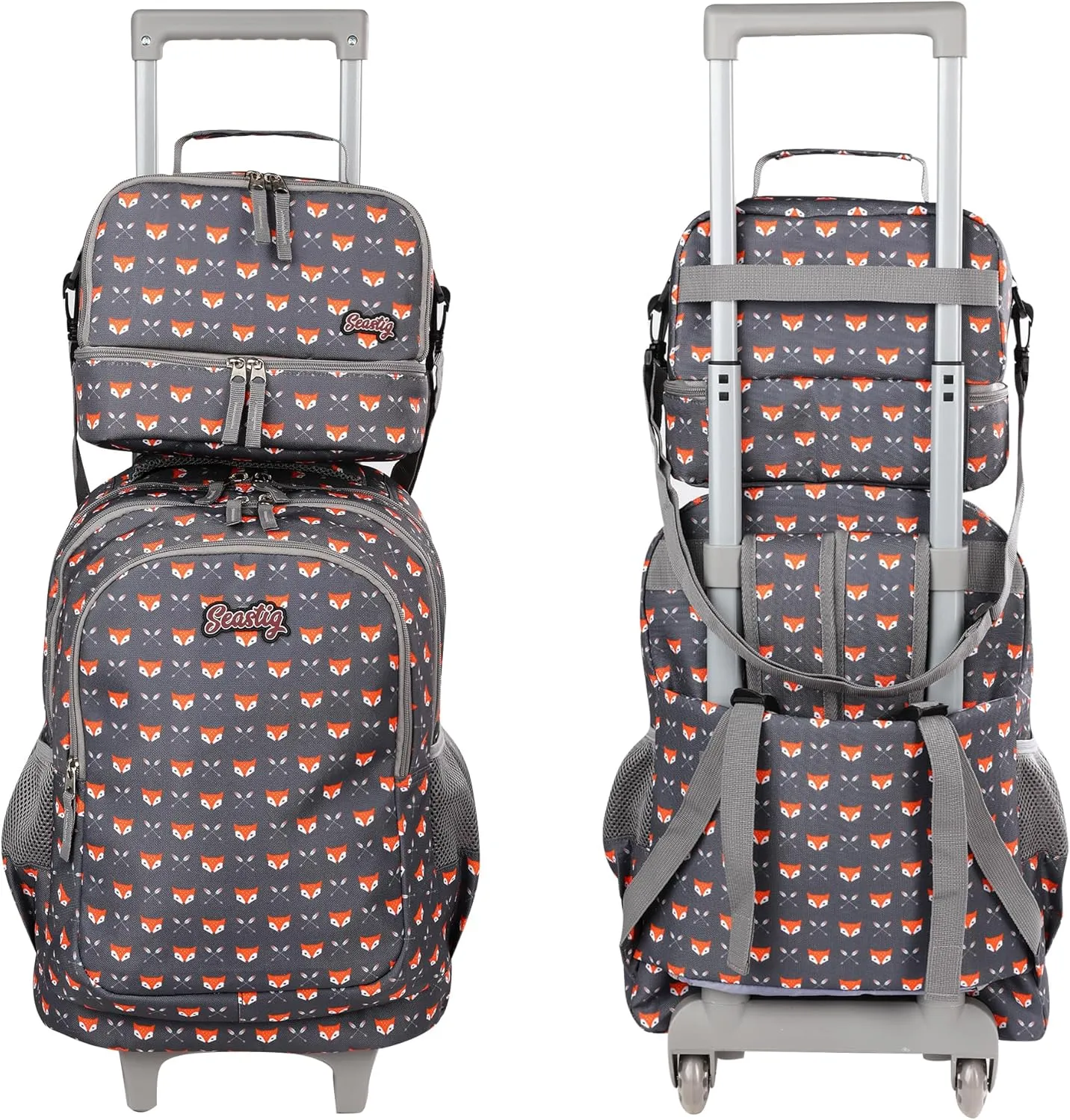 seastig Rolling Backpack 18in Double Handle Backpack Kids Wheeled Backpack Roller Backpack with Lunch Bag Set Girls Boys