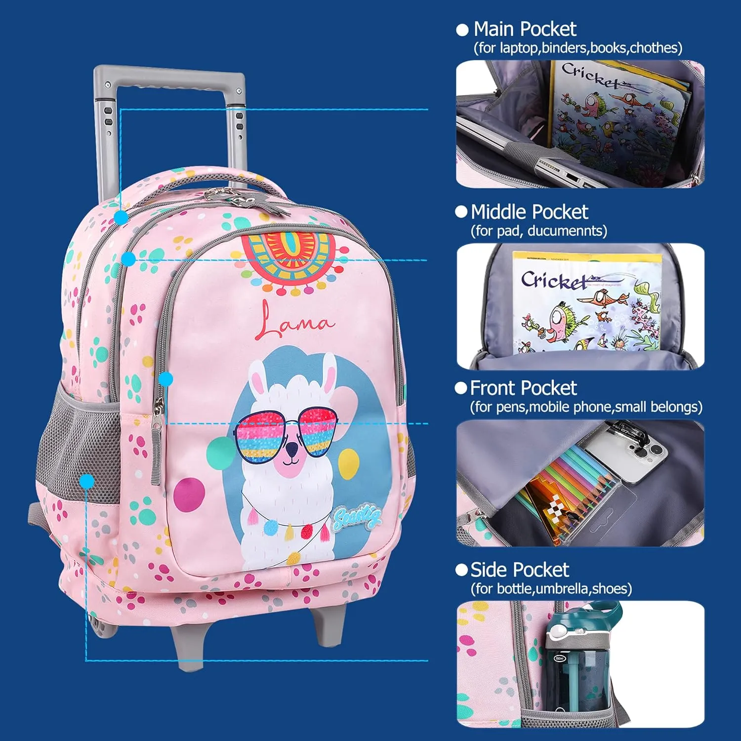 seastig Rolling Backpack for Kids Wheeled Backpack 18in Double Handle Backpack with Wheels