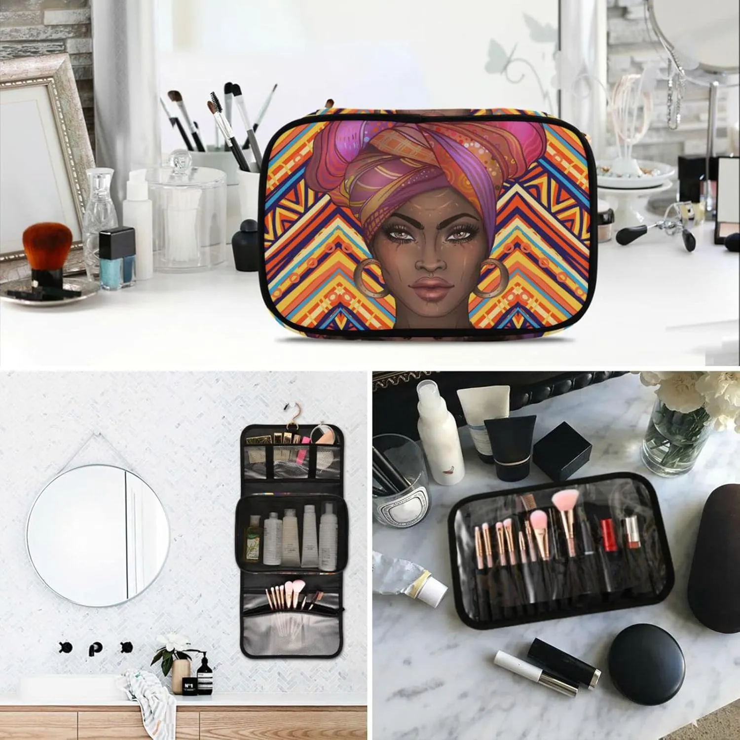 senya African American Woman Ethnic Toiletry Bag Hanging Travel Makeup Bag 3 PCS, Portable Makeup Organizer Cosmetic Bag Clear