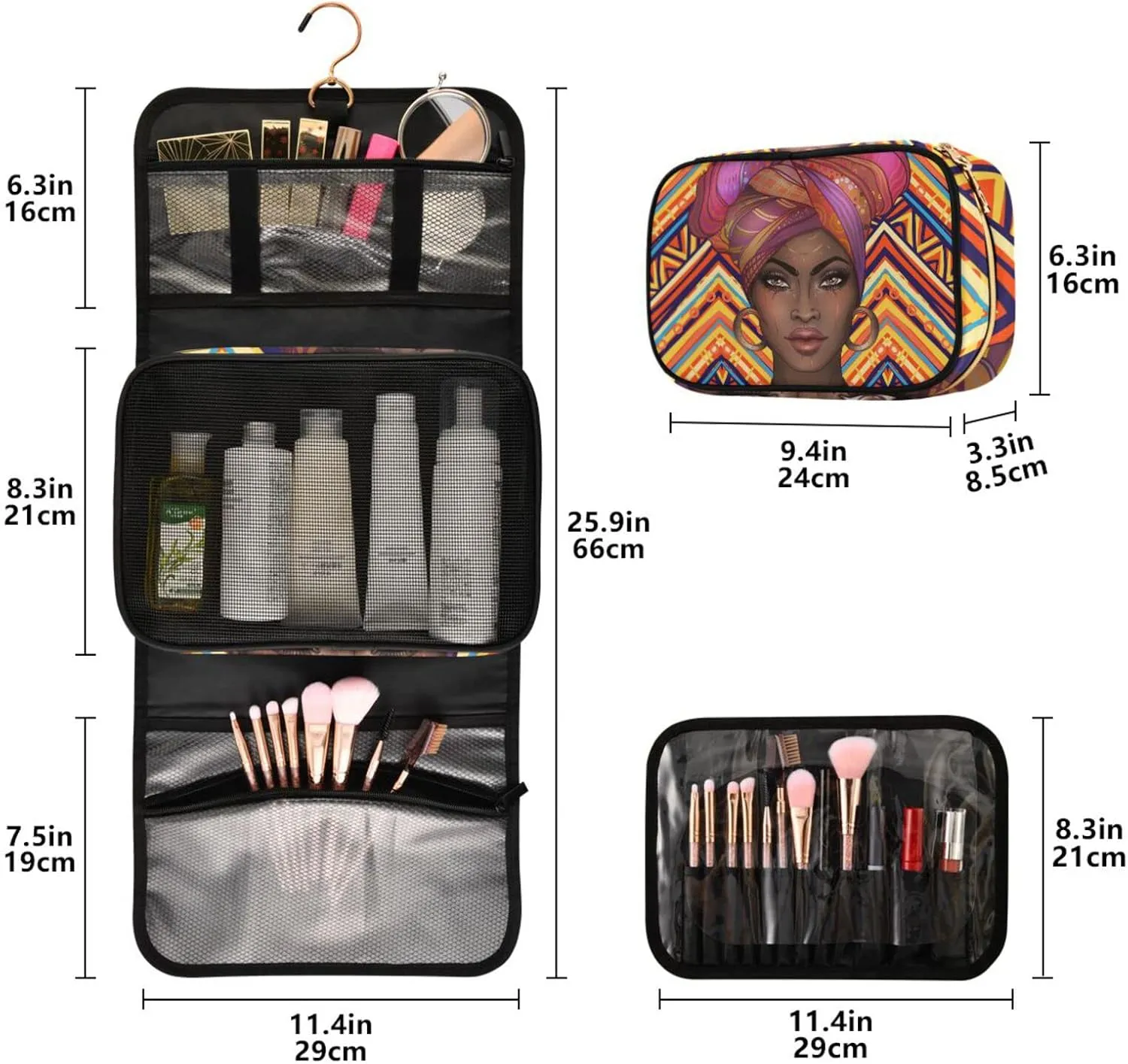 senya African American Woman Ethnic Toiletry Bag Hanging Travel Makeup Bag 3 PCS, Portable Makeup Organizer Cosmetic Bag Clear