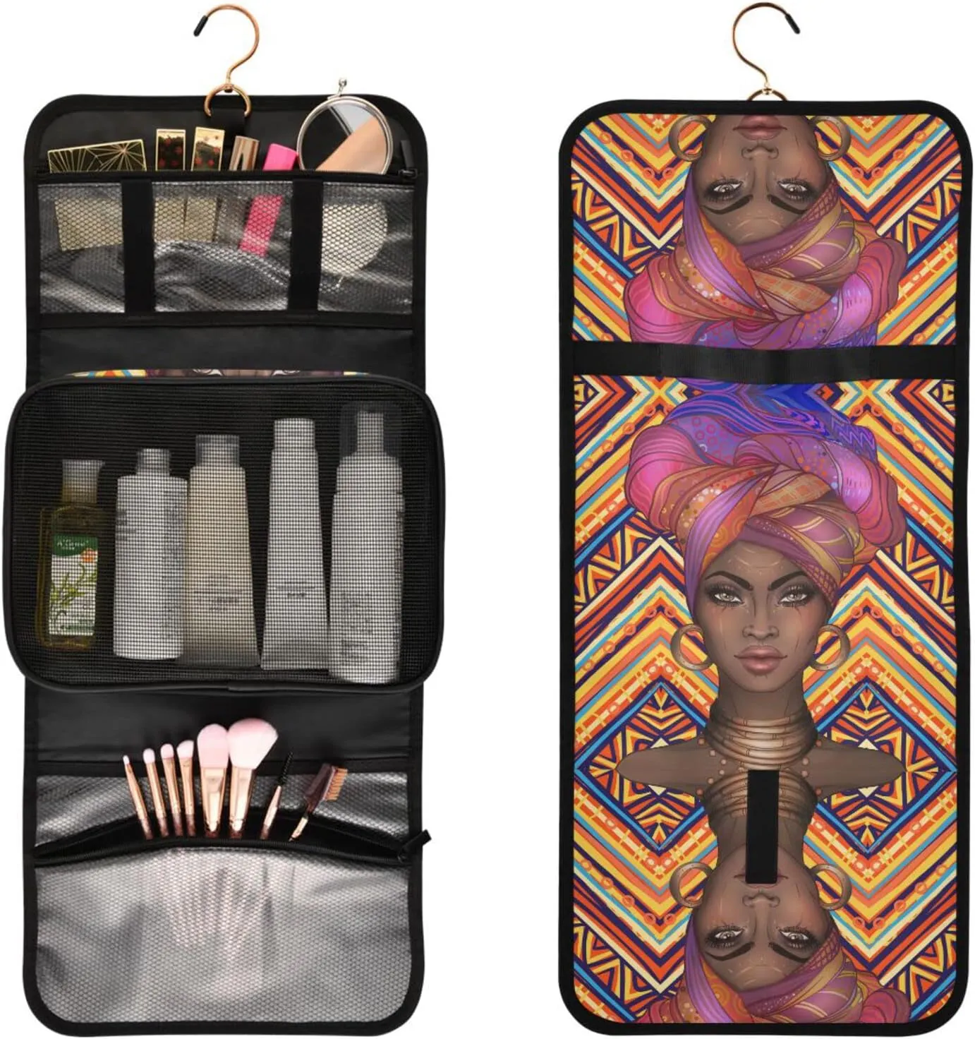 senya African American Woman Ethnic Toiletry Bag Hanging Travel Makeup Bag 3 PCS, Portable Makeup Organizer Cosmetic Bag Clear