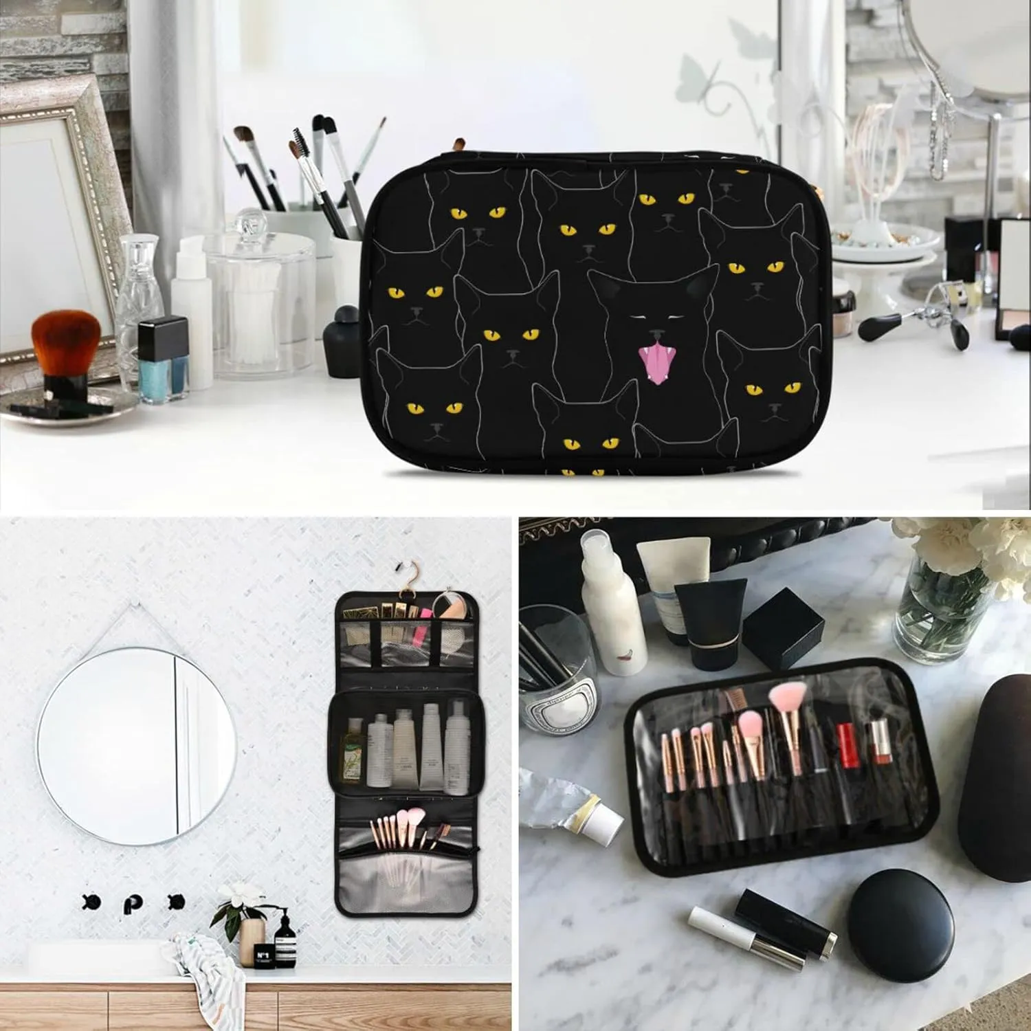 senya Black Cats Pattern Toiletry Bag Hanging Travel Makeup Bag 3 PCS, Portable Makeup Organizer Cosmetic Bag Clear