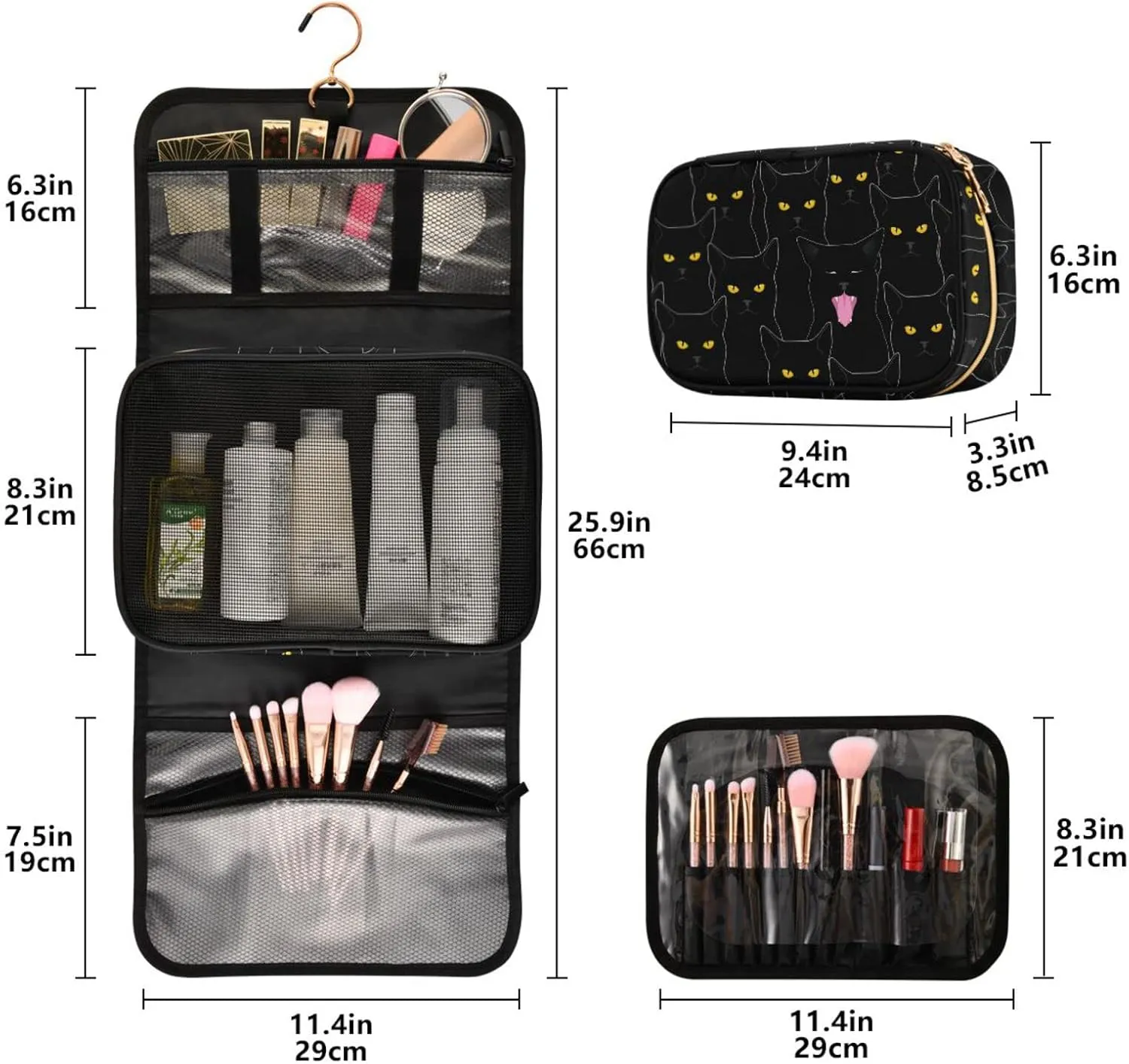 senya Black Cats Pattern Toiletry Bag Hanging Travel Makeup Bag 3 PCS, Portable Makeup Organizer Cosmetic Bag Clear