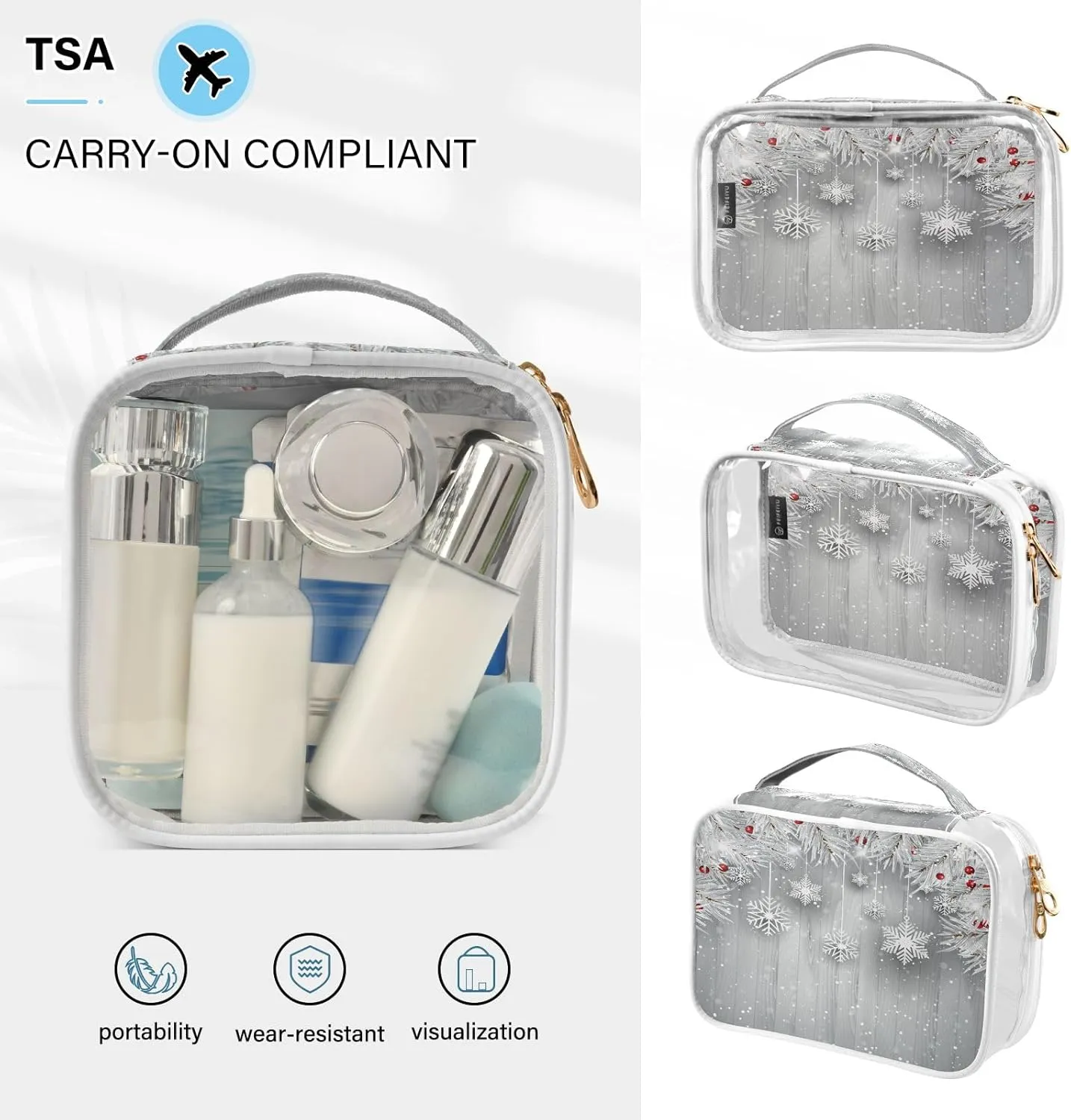 senya Clear Toiletry Bag,Travel Makeup Cosmetic Bag Carry on Airport Airline Compliant Bag Silver Christmas Tree Snowflake for Women Men