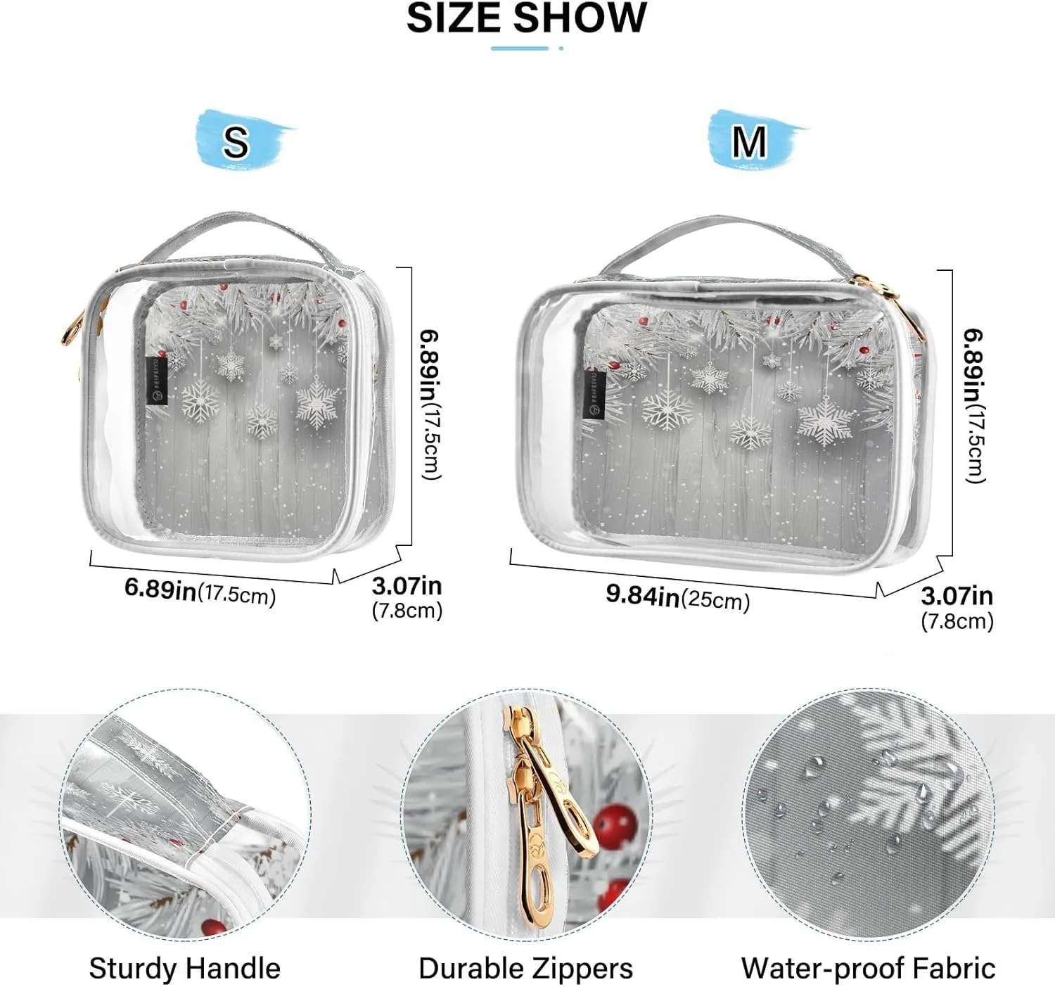 senya Clear Toiletry Bag,Travel Makeup Cosmetic Bag Carry on Airport Airline Compliant Bag Silver Christmas Tree Snowflake for Women Men