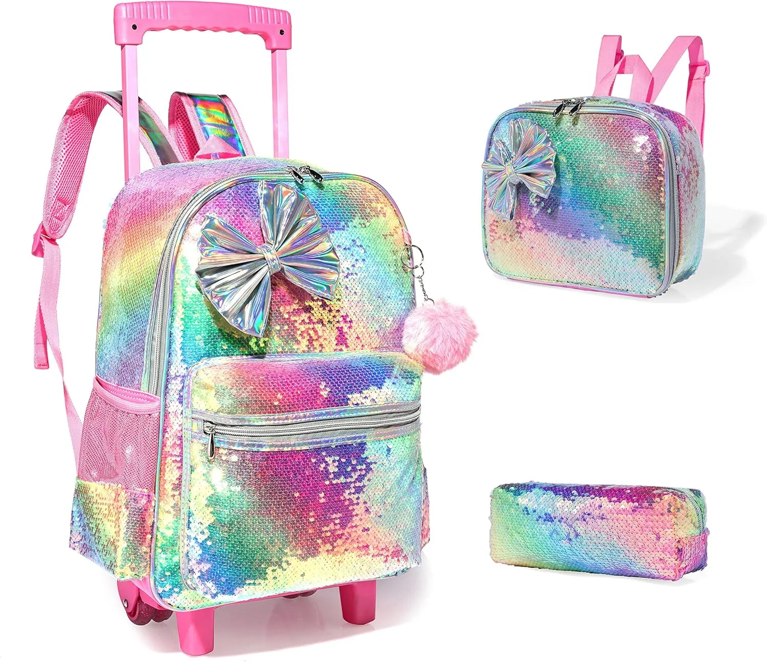 Sequin Rolling Backpack for Girls Backpack with Wheels Wheeled Backpack and Lunch Bag Set for Elementary Girls