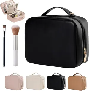 Set Patient Travel Makeup Bag, Setpatient Multi-compartment Toiletry Cosmetics Bag, Large Toiletry Bag Travel Cosmetic Bag for Women, PU Leather Portable Hanging Makeup Pouch (Black)