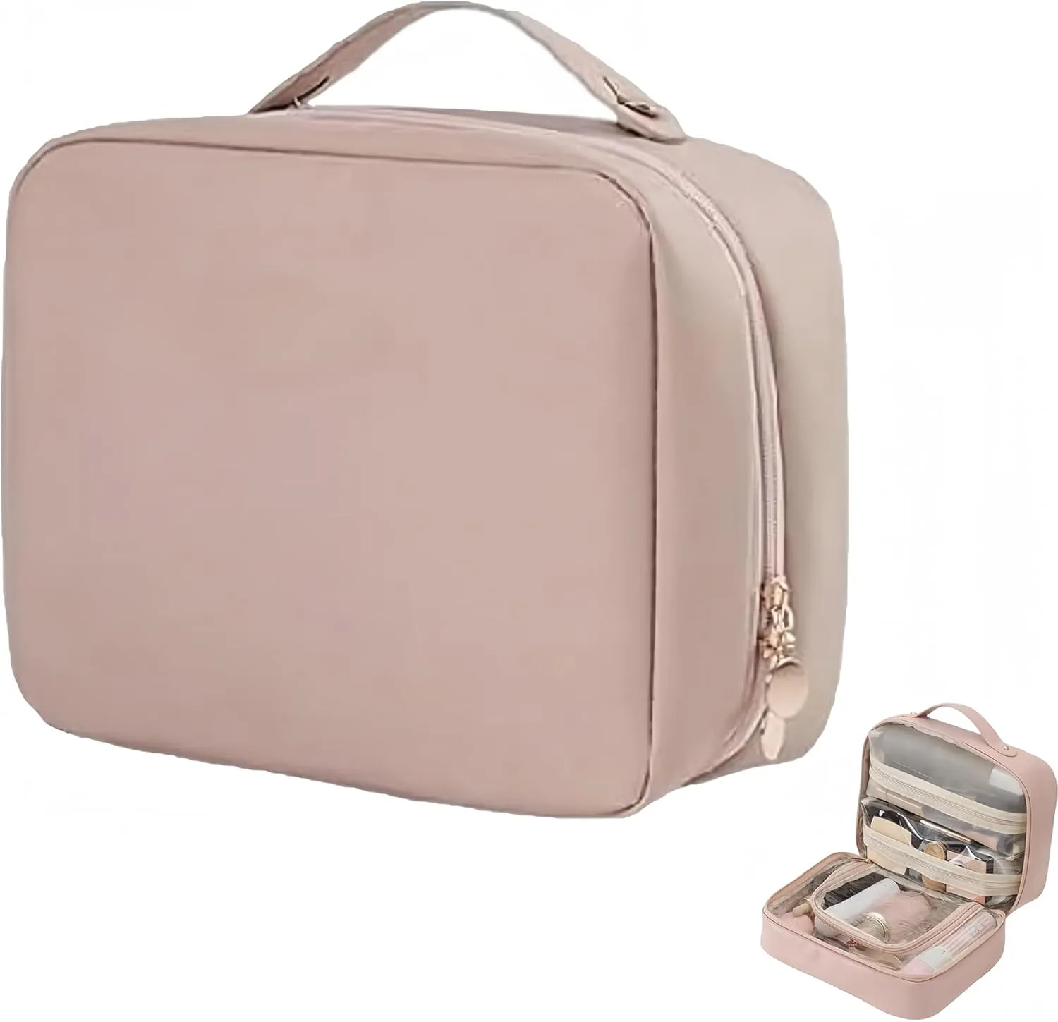 SetPatient Multi-Compartment Toiletry Cosmetics Bag, Obviously Large Capacity Makeup Bag with Compartments for Travel, Makeup Bag Organizer for Women Girls with Handle (Pink)