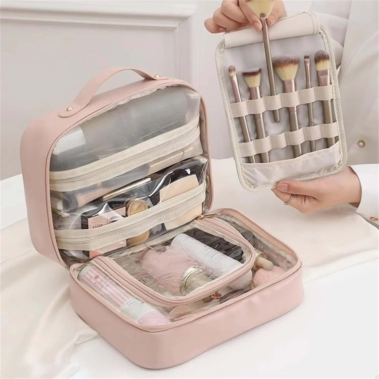 SetPatient Multi-Compartment Toiletry Cosmetics Bag, Obviously Large Capacity Makeup Bag with Compartments for Travel, Makeup Bag Organizer for Women Girls with Handle (Pink)